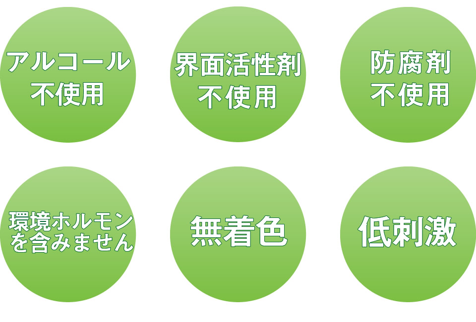 アルコール不使用、界面活性剤不使用、防腐剤不使用、環境ホルモンを含みません。無着色、低刺激